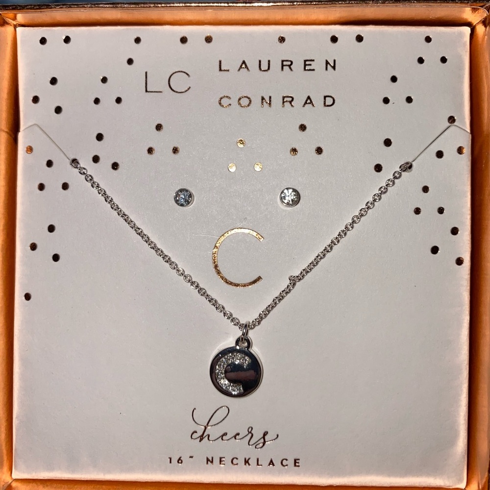 “C” necklace with stud earrings set- silver